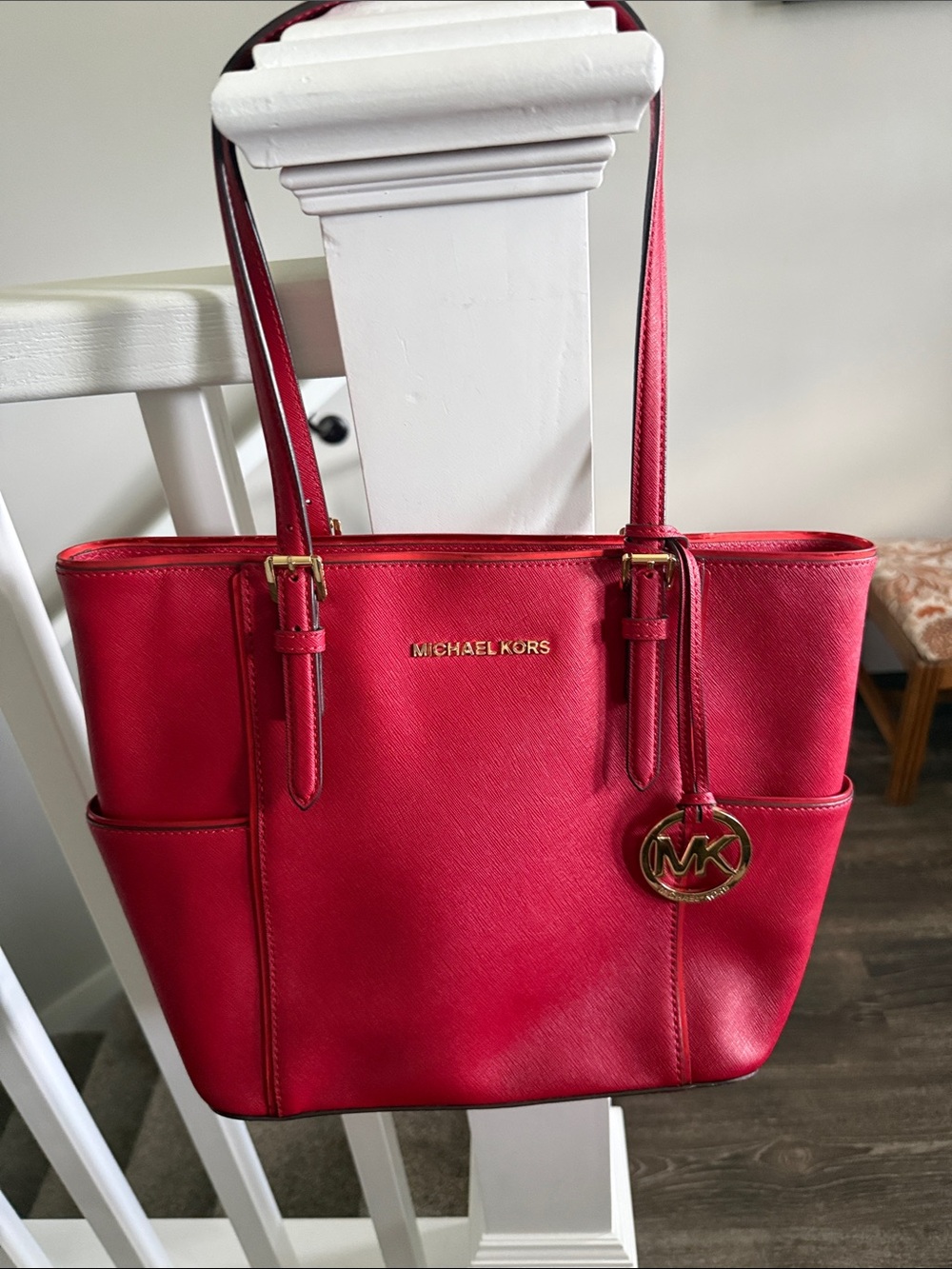 Michael Kors Bright Red Saffiano Leather Tote with Gold Hardware